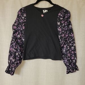 Self Esteem Black Ribbed Top with Purple Floral Puff Sleeves